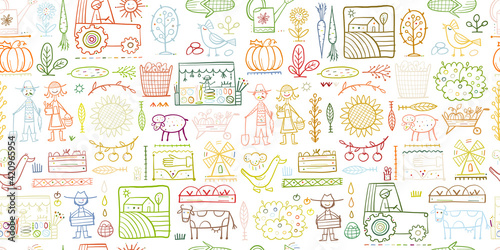 Organic Farm Seamless Pattern Background For your Design. Harvest Festival. A...