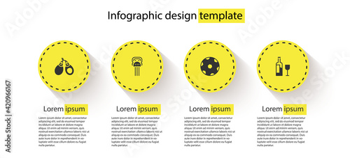Set Castanets, Peineta, Football ball and Wine bottle with glass. Business infographic template. Vector