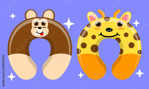 Illustration vector graphic cartoon character of patterned neck pillow of monkey and giraffe. Suitable for the design of children's neck pillow products