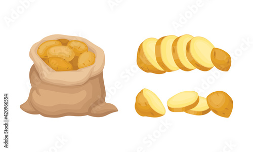 Whole Potato in Sack and Sliced as Root Vegetable or Starchy Tuber of Plant Vector Set