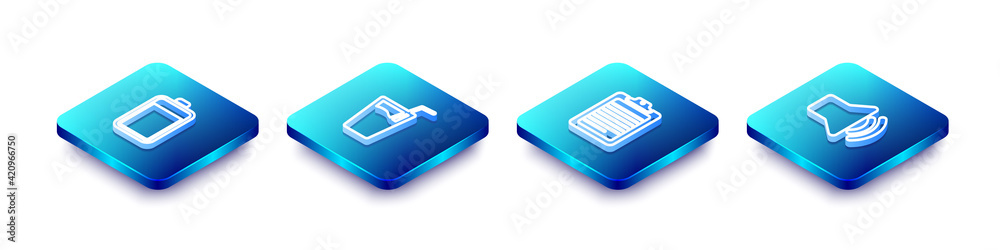 Set Isometric line Battery, Glass with water, Clipboard document and Speaker volume icon. Vector Set Isometric line Battery, Glass with water, Clipboard document and Speaker volume icon. Vector