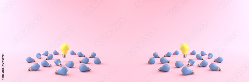 3D rendering of The yellow energy-saving lamp is floating on a blue light bulb placed on a pastel pink floor. and the pink background. concept for new ideas and Outstanding idea, illustration. 3D rendering of The yellow energy-saving lamp is floating on a blue light bulb placed on a pastel pink floor. and the pink background. concept for new ideas and Outstanding idea, illustration.