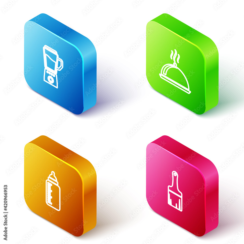 Set Isometric line Blender, Covered with tray of food, Baby bottle and Paint brush icon. Vector Set Isometric line Blender, Covered with tray of food, Baby bottle and Paint brush icon. Vector