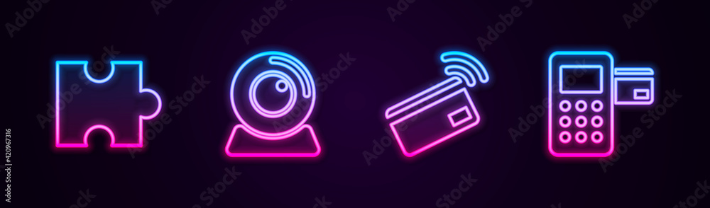 Set line Piece of puzzle, Web camera, Contactless payment and Pos terminal. Glowing neon icon. Vector Set line Piece of puzzle, Web camera, Contactless payment and Pos terminal. Glowing neon icon. Vector