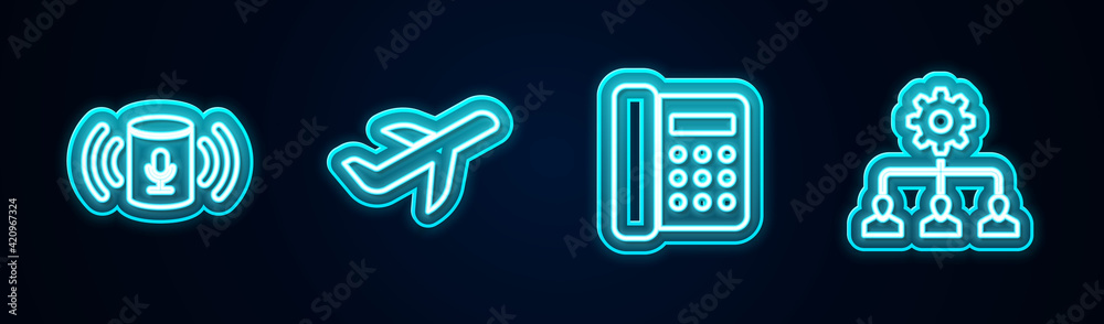Set line Voice assistant, Plane, Telephone and Lead management. Glowing neon icon. Vector Set line Voice assistant, Plane, Telephone and Lead management. Glowing neon icon. Vector