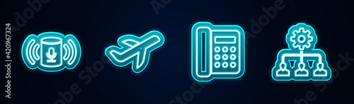 Set line Voice assistant, Plane, Telephone and Lead management. Glowing neon icon. Vector