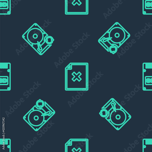 Set line Delete file document, Hard disk drive HDD sync refresh and SSD card on seamless pattern. Vector