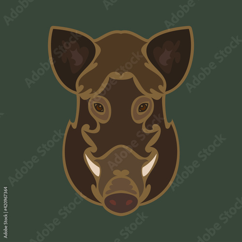 Hand-drawn abstract portrait of a boar for tattoo, logo, wall decor, T-shirt print design or outwear. Colorful vector stylized illustration on green background.