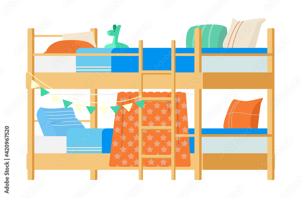 Fototapeta premium Wooden Bunk Bed With Pillows, Toys And Decorations. Kid's Room Furniture Flat Vector Illustration. Isolated On White.
