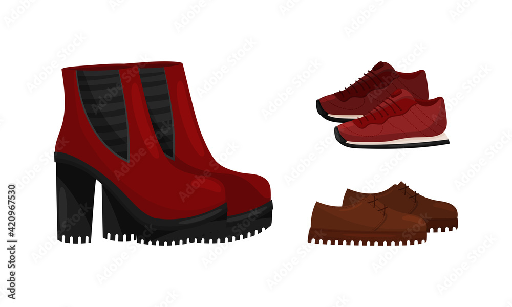 Footwear with High Heeled Ankle Boots and Laced Training Shoes Vector Set Footwear with High Heeled Ankle Boots and Laced Training Shoes Vector Set