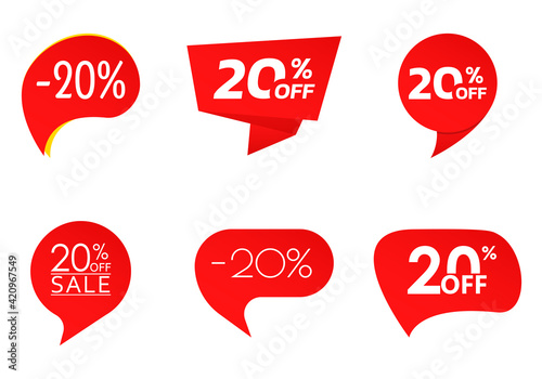 20% sale or discount tag or sticker set. 20 percent price off badge or label collection. Promotion, ad banner, promo coupon design element. Vector illustration.