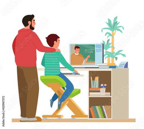Homeschool or Online Education. Dad or Tutor with Child sitting in front of Laptop Learning Maths. Flat vector illustration.Ergonomic Working Place With School Supplies. 