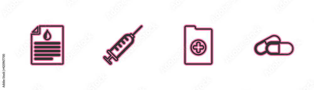 Set line Clipboard with blood test, Clinical record, Syringe and Medicine pill tablet icon. Vector Set line Clipboard with blood test, Clinical record, Syringe and Medicine pill tablet icon. Vector
