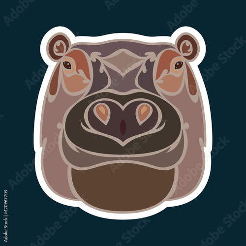 Hand-drawn abstract portrait of a hippo. Sticker. Colorful vector stylized illustration isolated on dark blue background.