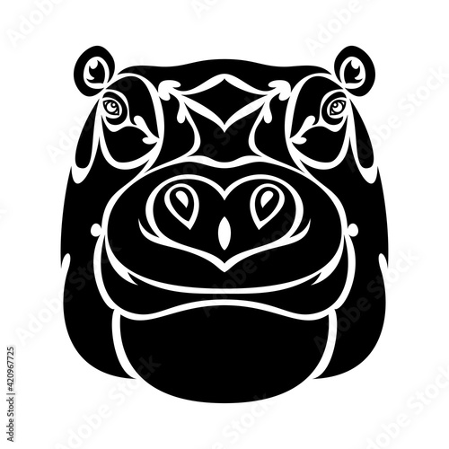 Hand-drawn abstract portrait of a hippo for tattoo, logo, wall decor, T-shirt print design or outwear. Vector stylized illustration on white background.