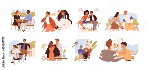 Young romantic couples on good and bad dates. Successful and unsuccessful dating concept. People during happy, sad and awkward meetings. Colored flat vector illustration isolated on white background © Good Studio