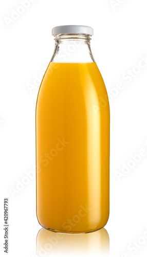 Front view of orange juice glass bottle isolated on white