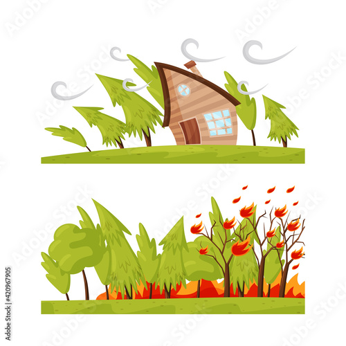 Destructive Weather Condition and Natural Cataclysm with Wildfire and Windstorm Vector Set