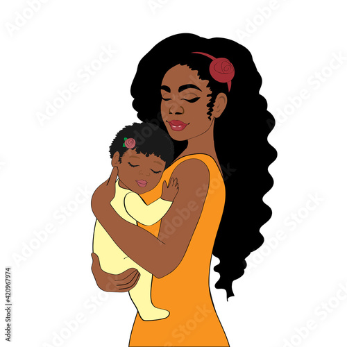 Beautiful vector illustration of a happy afro american woman holding a baby on a white background. Happy mom family concept
