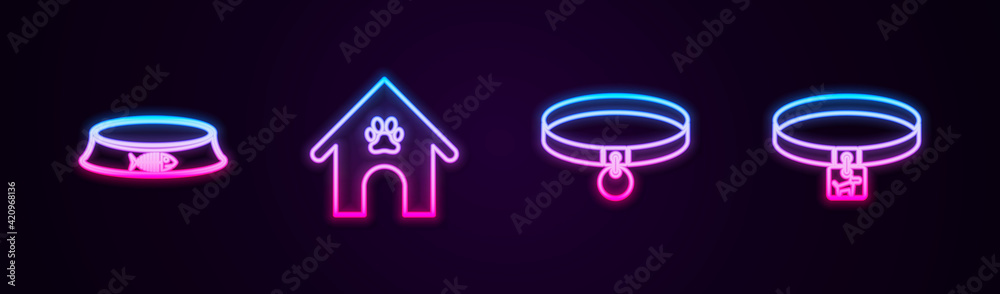 Set line Pet food bowl, Dog house and paw print pet, Collar and collar. Glowing neon icon. Vector
