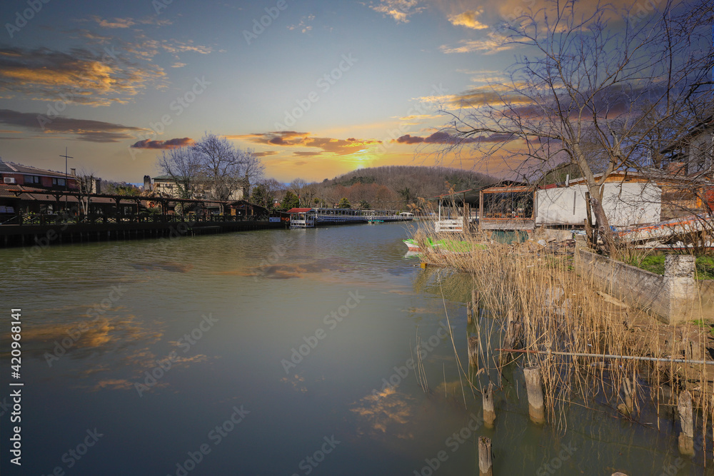 Fototapeta premium (Ağva, Şile, İstanbul, Turkey 23- February - 2021) A popular place and holiday destination on the Göksu river. Hotels and restaurants.