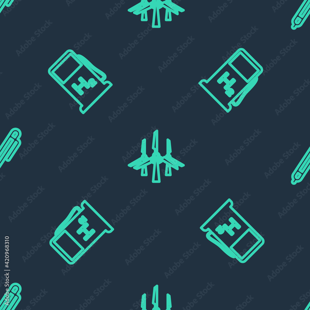 Set line Wind turbines, Hydrogen filling station and Pen on seamless pattern. Vector Set line Wind turbines, Hydrogen filling station and Pen on seamless pattern. Vector