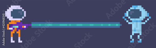 Pixelated astronaut shooting laser at alien. Man standing with blaster in his hands and fighting