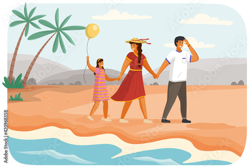 Parents and child walk by handle on sand near sea. Family is spending time together on beach