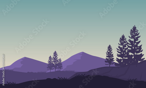 Sunny mornings in the countryside with incredible mountain views at sunrise. Vector illustration