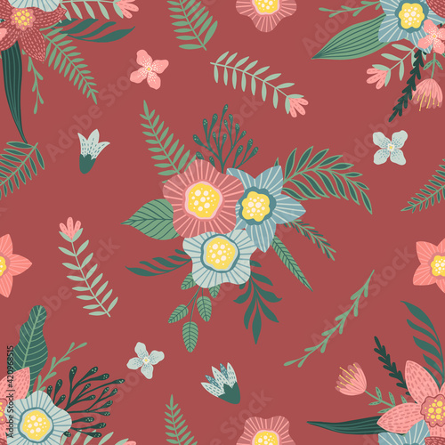 Seamless pattern with flowers and leaves. Creative floral texture. Great for fabric, textile Vector Illustration