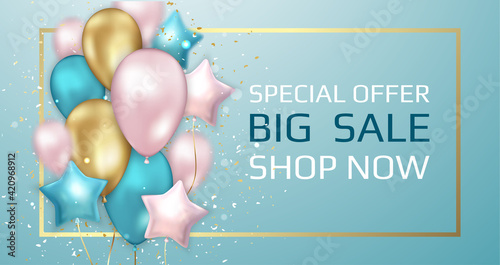 Greeting design with realistic flying helium balloons. Celebration, festival background, greeting banner, card, poster.