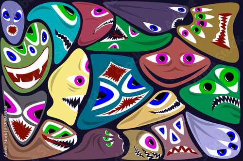 A set of color images of monsters on a dark background, an illustration for wallpaper on the wall and other purposes.