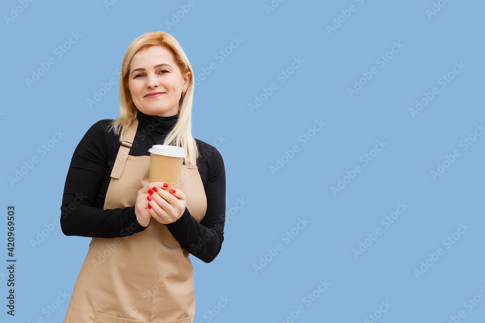 Part-time job person owner cacao routine lifestyle rest break relax leisure pause concept. Portrait of kind friendly pleasant girl giving big latte isolated on blue background copy-space Part-time job person owner cacao routine lifestyle rest break relax leisure pause concept. Portrait of kind friendly pleasant girl giving big latte isolated on blue background copy-space