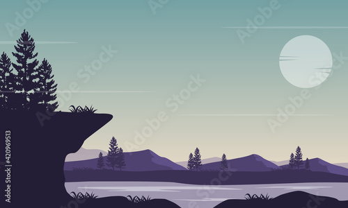 The beauty of mountains and cypress trees the silhouettes in the sun rises from the riverbank. Vector illustration