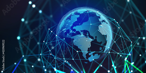Holographic globe in a polygonal mesh 3D illustration. Business globalization, digital data planet, cyber security in the network. Online sales and marketing