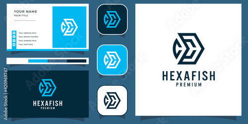 hexagon fish logo vector icon illustration with business card