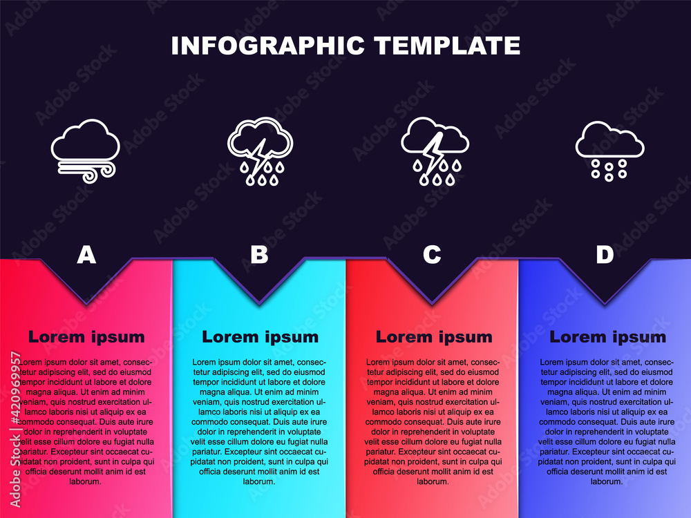 Set line Windy weather, Cloud with rain and lightning, and snow. Business infographic template. Vector
