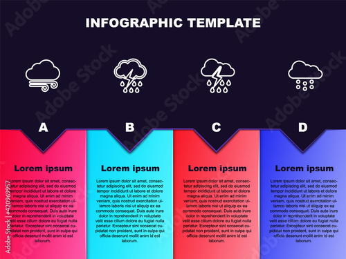 Set line Windy weather  Cloud with rain and lightning  and snow. Business infographic template. Vector