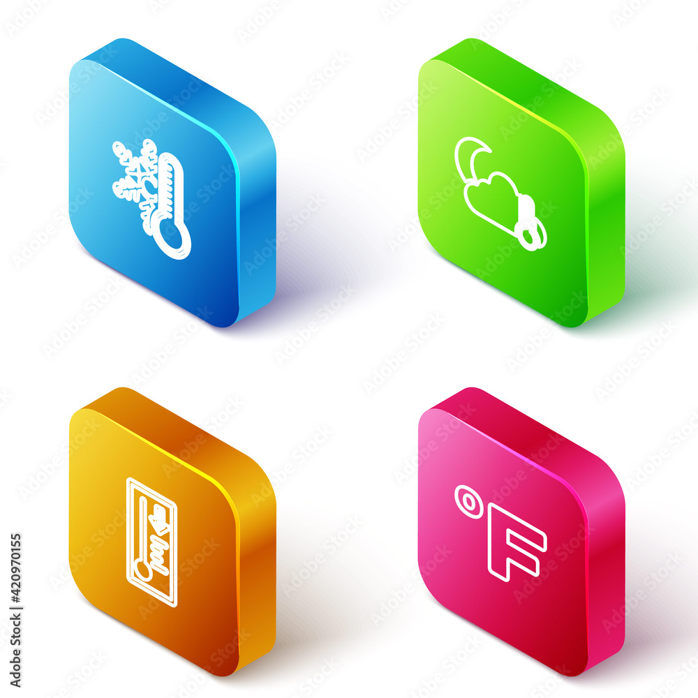 Set Isometric line Thermometer with snowflake, and cloud, moon, Meteorology thermometer and Fahrenheit icon. Vector Set Isometric line Thermometer with snowflake, and cloud, moon, Meteorology thermometer and Fahrenheit icon. Vector