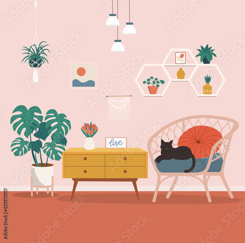 Comfortable rattan chair and house plants. Vector flat style illustration.