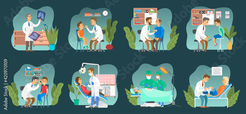 Scenes set on the topic of study of symptoms and collection of patient data, doctor at the reception