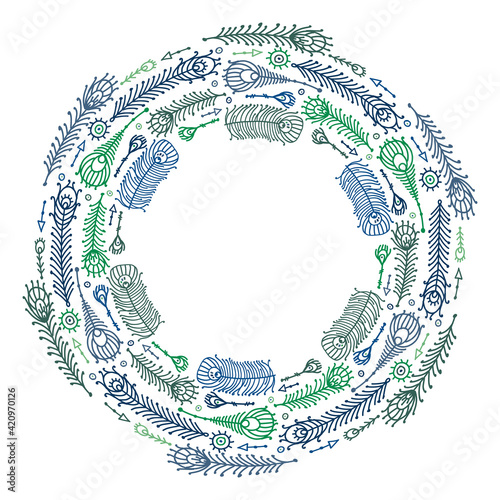 Peacock feathers, ethnic style, Circle Frame for your design