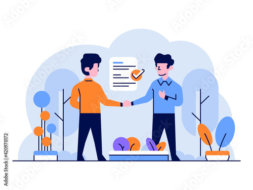 Vector Illustration Business and finance man doing contract agreement work submission of employment deal handshake flat and outline design style