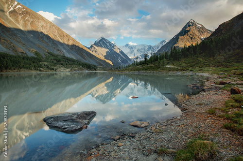 Akkem Lake In background is Belukha Mountain. Beautiful landscape, view of Russia, Siberia, Altai, Katunsky ridge