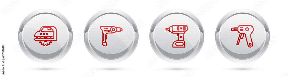 Set line Electric circular saw, drill machine, cordless screwdriver and hot glue gun. Silver circle button. Vector Set line Electric circular saw, drill machine, cordless screwdriver and hot glue gun. Silver circle button. Vector