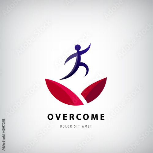 Vector illustration on overcoming challenging problems and adversity in business concept. Man jumping logo