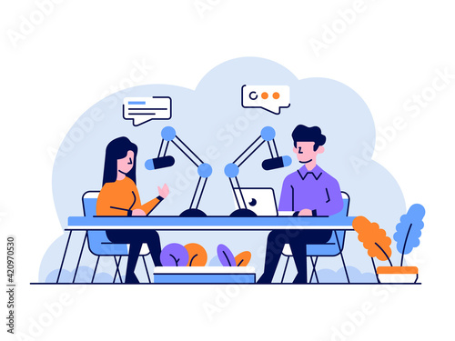 Vector Illustration Business people Radio Broadcast Podcast doing conversation talk content creator flat and outline design style