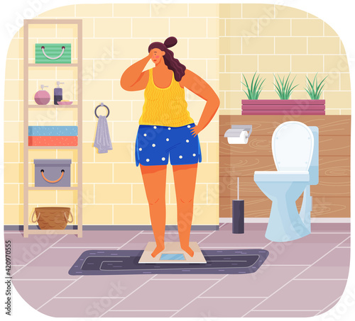 Overweight attractive sad woman standing on weigher. Plus size model balancing. Fat girl with scales