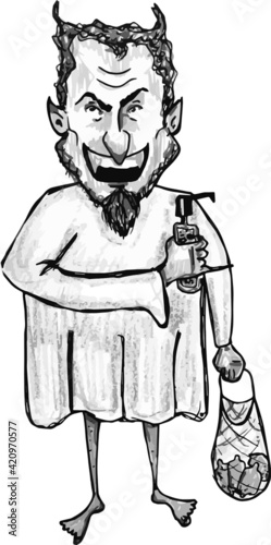 vector illustration of kovid man monster standing with lemon and sanitizer