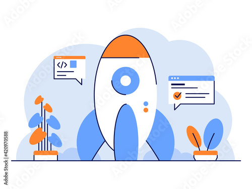 Vector Illustration Business startup developer starting a business rocket development setting flat and outline design style
